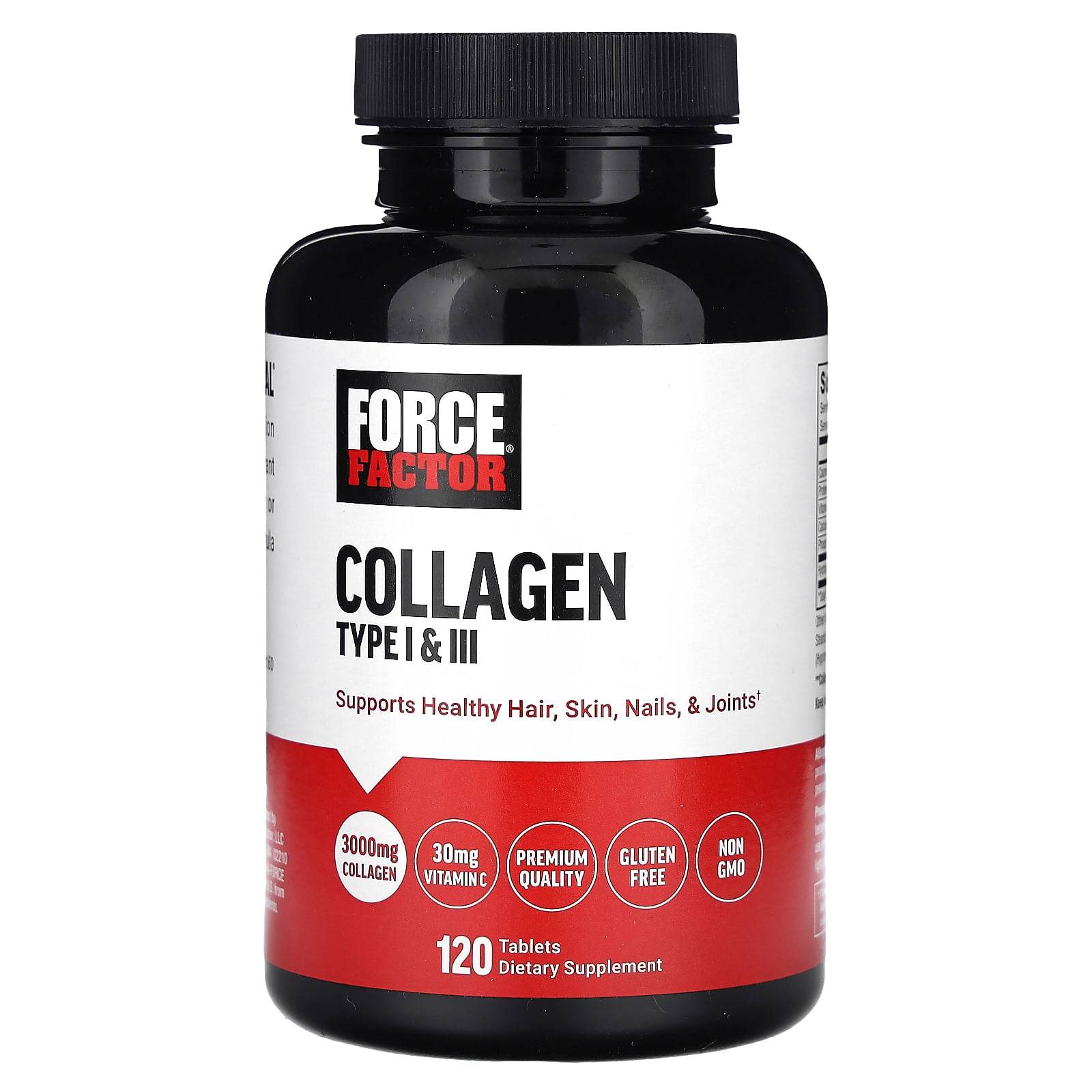 Force Factor, kollagen typ I och III, 3 000 mg, 120 tabletter (1 000 mg per tablett)