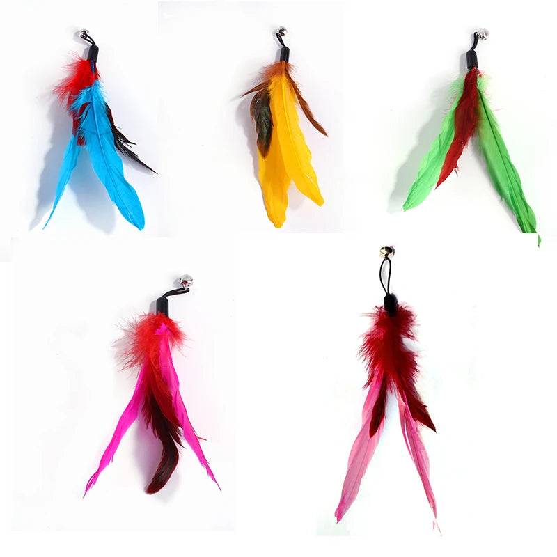 Feather Wand Cat Toy with Bell & Worm String - Interactive Teaser Set - THT-5-5pcs