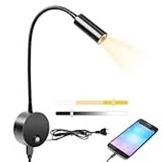 HOTUT LED svanhals läslampa, Flexibel Svanhals Vägglampa med USB-laddning, Sänglampa med stickkontakt och kabel, Led Läslampa Dimbar, 360° svängbar svanhals, läslampa väggmontering för sovrum- svart