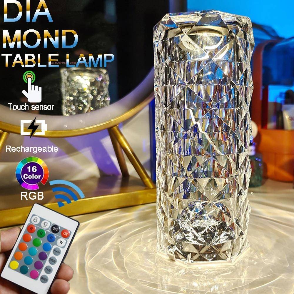 Modernt och elegant kristallljus för bord och sovrum, med touchkontroll och justerbart rosenljus, diamantprojektion ingår