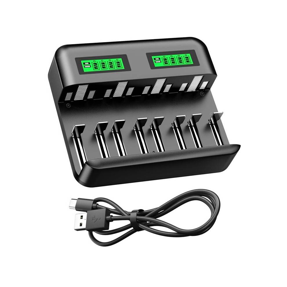 LCD 8 Bay Battery Charger for AA AAA C D Ni-MH Rechargeable Batteries 2A USB Port InputLCD NiMH Charger with USB-C