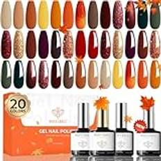 Modelones 24 st UV-nagellacksset, 20 färger, gelnagellack med baslack, matta & glans & glitter topplack, brun orange glitter gellack set blötläggning start nagelgel-kit, manikyrgåva, 7 ml