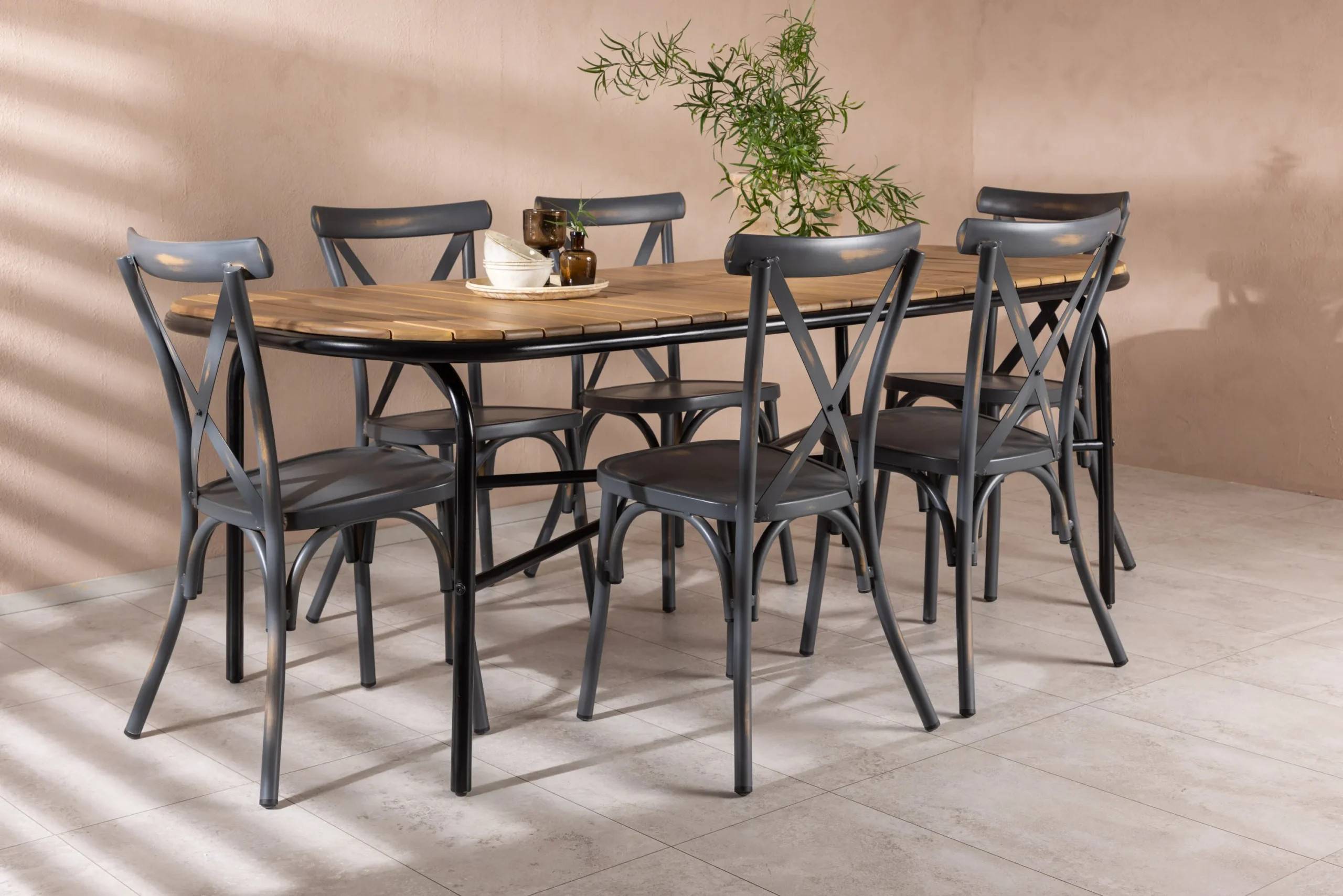 Holmbeck & Peking - 90×200 cm med 6 stolar - Matgrupper utomhus - mörkgrå/natur