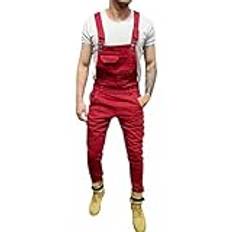 Blå snickarbyxor för män, jeans med haklapp, lösa arbetsbyxor, överdimensionerade jeans, Y2K Hip Hop jeans med fickor, smal passform, smala cargobyxor,, Röd röd, L