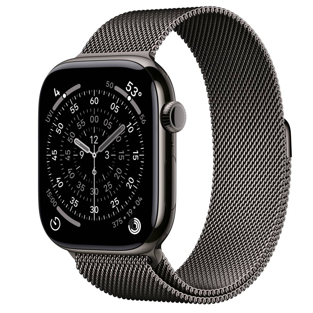 Apple Watch Series 11 (GPS + Cellular) • Titanboett skiffer, 46 mm • Milanesisk loop skiffer – S/M