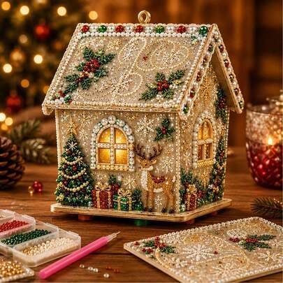 3D julhus diamantmålning-kit för vuxna, konstset med träpärlor och ljus, handgjord julgransprydnad att hänga upp, heminredningspyssel och julpresent (Multi-size)