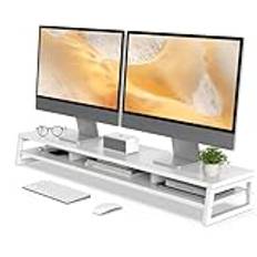 Fenge Dubbel bildskärmstativ upphöjare, 108 cm, stor datorskärmsstativ med trähylla, 2 nivåer, skrivbordsorganisatör för dator, PC, bärbar dator, skrivare, TV-skärm, vit
