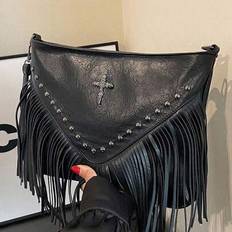 Fashion Vintage Leather Crossbody Bag, Boho Style Shoulder Bag, Tassel Rivet Cross Decor Square Purse Casual Messenger Bag For Travel & Every Day, Por - Black