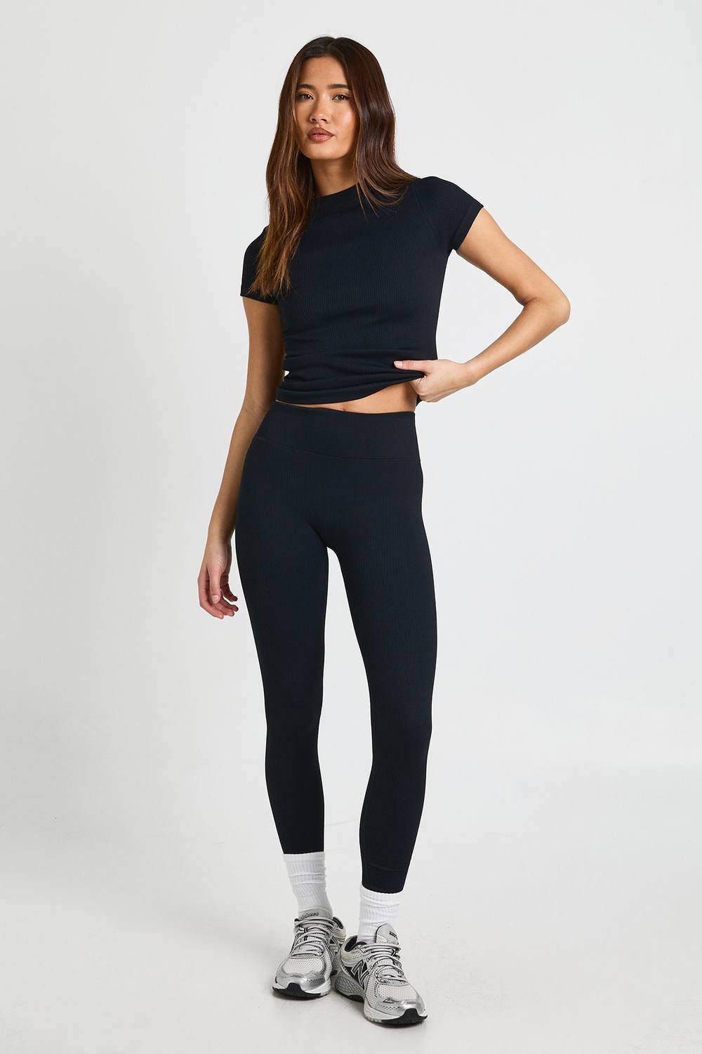 boohoo Dam Långa Contour-ribbade Sömlösa Leggings | Svart | Storlek Medium