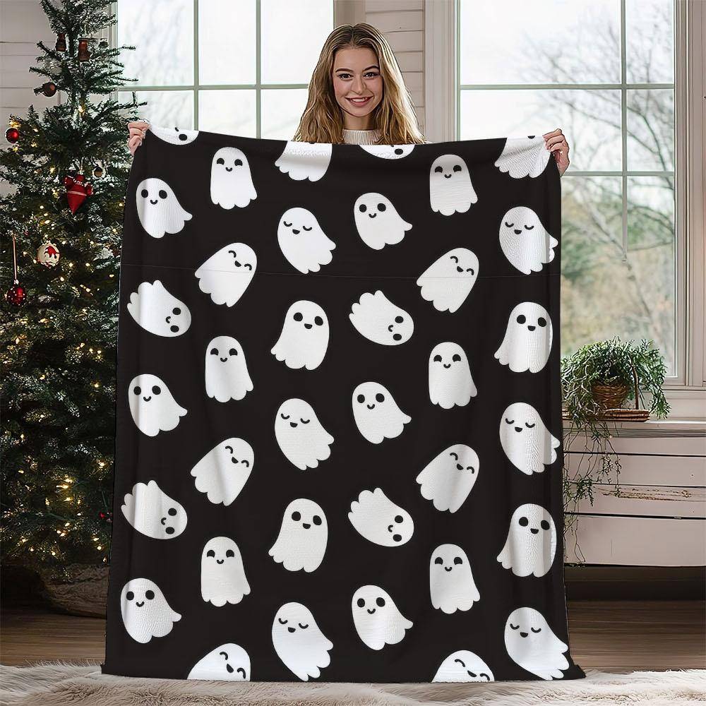 1 st Stor Vändbar Plysch Flanell Halloweenfilt - Mysig Pläd för Alla Årstider med Söta Spöklika Spöken (Vit & Svart) - Mjuk överkast för säng, soffa,