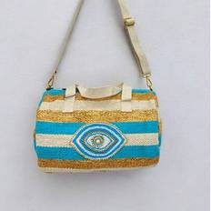 Vintage Boston Style Bag For Women, Bohemian . Fashion Retro Style Contrast Stripe Women&#39;s Bag With Personalized Rhinestone Craft, Eye Pattern, Fashio - Blue
