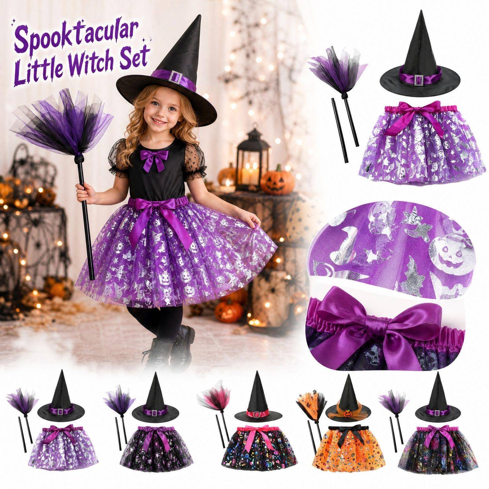 Flickor Halloween Tryckt Tyll Pumpakjol 3-delat Set med Häxhatt och cm saffran