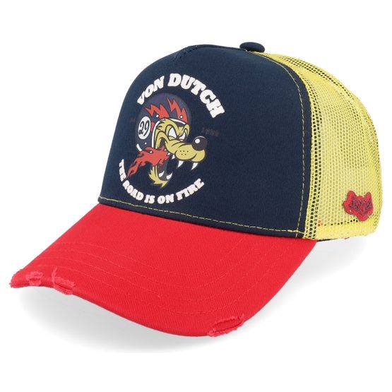Von Dutch - Blå trucker Keps - Kids Screen Print Wolf Yellow/Blue/Red A-Frame Trucker @ Hatstore