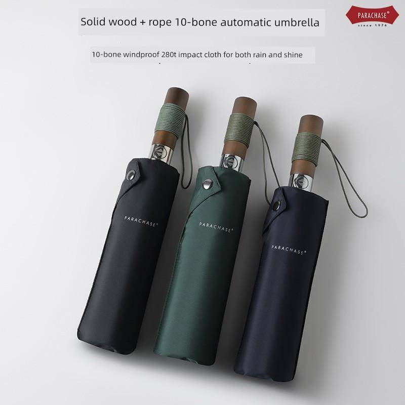 Parachase Japanese-Style Fully Automatic Umbrella, 10-Rib Thickened Windproof Umbrella, Vintage Wooden Business Umbrella for Men cm