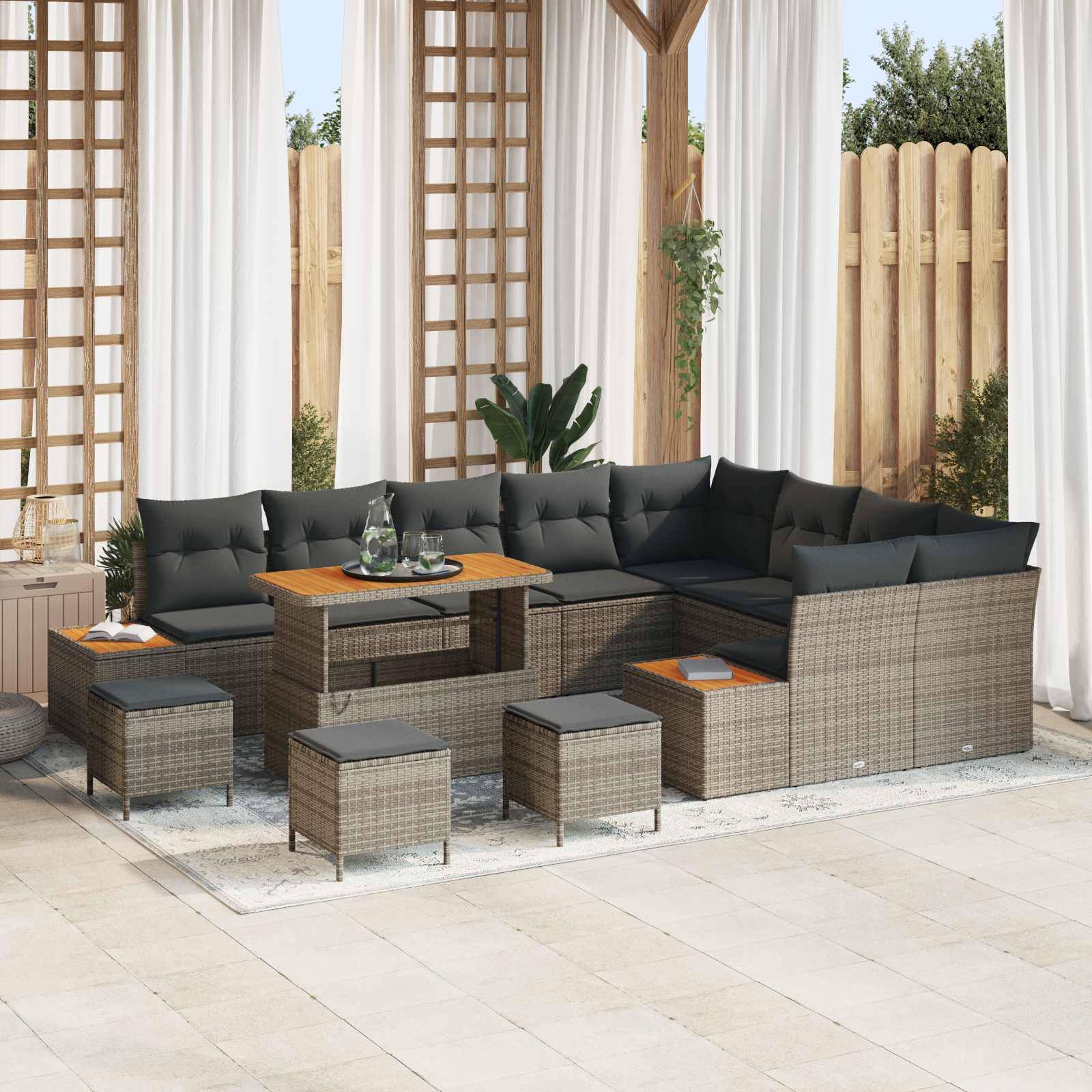 vidaXL Havesofa Sæt 13 pcs Grå Poly Rattan og Pulverlakeret Stål