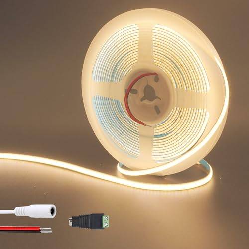 Clearhill 12V 5 mm bred COB LED-strip (inget nätaggregat), 16,4 ft/5 m, varmvit 3000K, 400LEDs/m, med 5521DC honkontakt, 10W/m, CRI90, 4500 lm, elektroplaterad dubbelsidig panelstrip, IP20