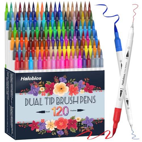 Halobios Set med 120 filt- och finspetsfärgpennor, professionella penselpennor med dubbla spetsar, set för barn, vuxna, målarbok, skissning, bokstäver, gratulationskort, present