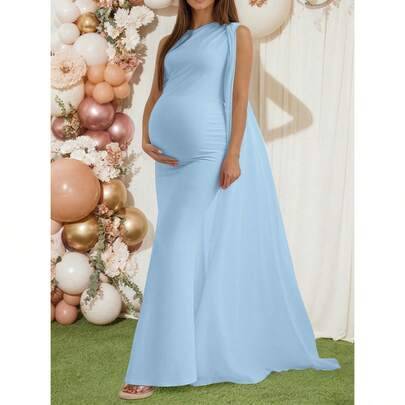 Maternity lång klänning i stretchstickat tyg med asymmetrisk halsringning, ärmlös, figursydd sjöjungfruklänning med elegant formell utsvängd fåll, lån - Blå (L,M,S,XL,XXL)