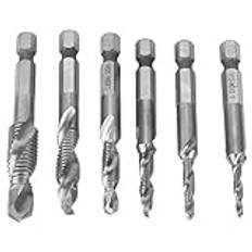 6PCS Speed Steel 6.35mm Hex Shank Tap Drill Bits Set for Drilling and Tapping, Includes M3/M4/M5 M6/M8/M10 Sizes, Ideal for Metalworking, Aluminum, and Iron Projects, (Metric silver 4341 6 piece set)