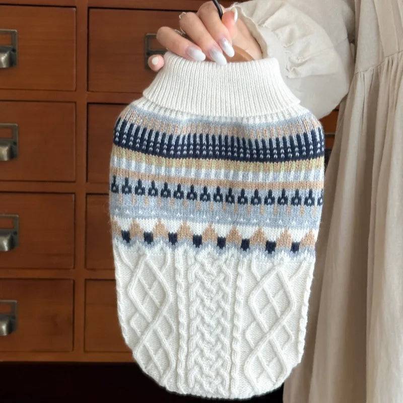 Vintage Print Dog Sweater for Small & Medium Dogs — Navy, Blue & Beige - Beige / XL(5.5-7.5kg) (XL(5.5-7.5kg))
