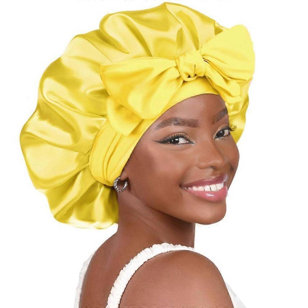 (36cm, Yellow) Silk Bonnet for Sleeping Women Adjustable Double Layer Satin Bonnet Reduce Friction Prevent Frizz Natural Curly Hair