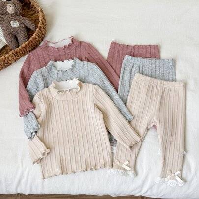 Flerdelat set för babyflicka med hög hals, långa ärmar, termofoder, varm, minimalistisk enfärgad topp och mångsidiga avslappnade minimalistiska långby - Multifärgad (6-9M,9-12M,12-18M,18-24M,2-3Y)