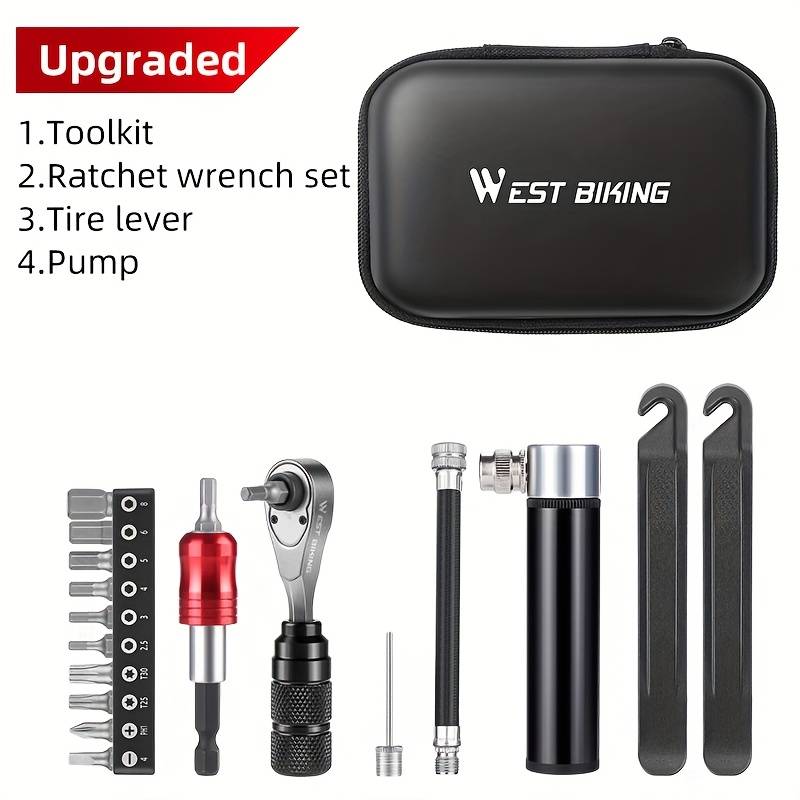 TEMU West Biking Bike Repair Bag & Bicycle Tire Pump Bike Tire Repair Tool Kit Contains 17-in-1 Tool Bike Repair Tool Kit Portable Bike Bag 1 Portable Bag