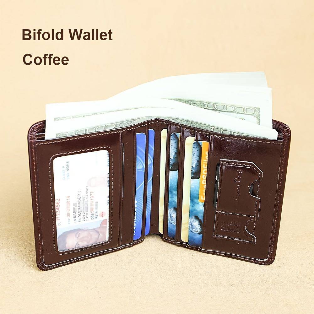 Men's Vintage Genuine Leather Wallet, Oil Wax Top Layer Cowhide RFID Blocking Bilfold Vintage Wallet with ID Windows, Gift for Men