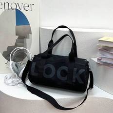 Stor kapacitet nylonbokstäverdekoration kortreseväska, gymväska, yogaväska, studentväska för skolstart, unisex - Svart