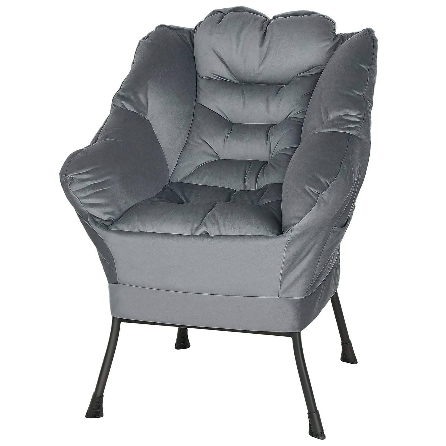 Lænestol Stue Lounge Stol Polstret Afslapningsstol med Sidelomme Stålben Polstret Stol med Velvet Look Enkeltstol til Soveværels