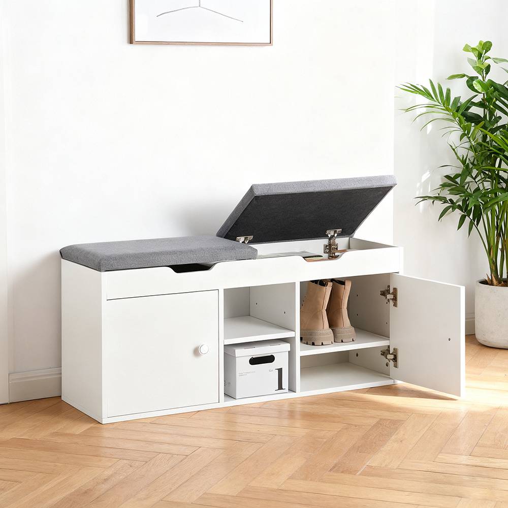 1pc 100x48x34cm Shoe Bench With Seating Area & Storage Space, Pu & Fabric Cushion, Modern Floor Furniture, Bench For Hallway, Living Room, Bedroom, White, Haotian Gts38-x