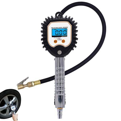 Bildäcksinflatormätare,255 PSI Auto Tire Gauge med 4 inställningar | Däcktrycksmätare med bakgrundsbelyst -skärm, luftchuck och gummislang