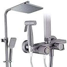 Duschhuvud Klassiskt Rain Dark Grey Rain Mixer Dusch Combo Set väggmonterad exponerad badrum Duschkranuppsättning med duschhuvud, handhållen dusch, badkarkran, bidespray, rund (fyrkant) dusch ui