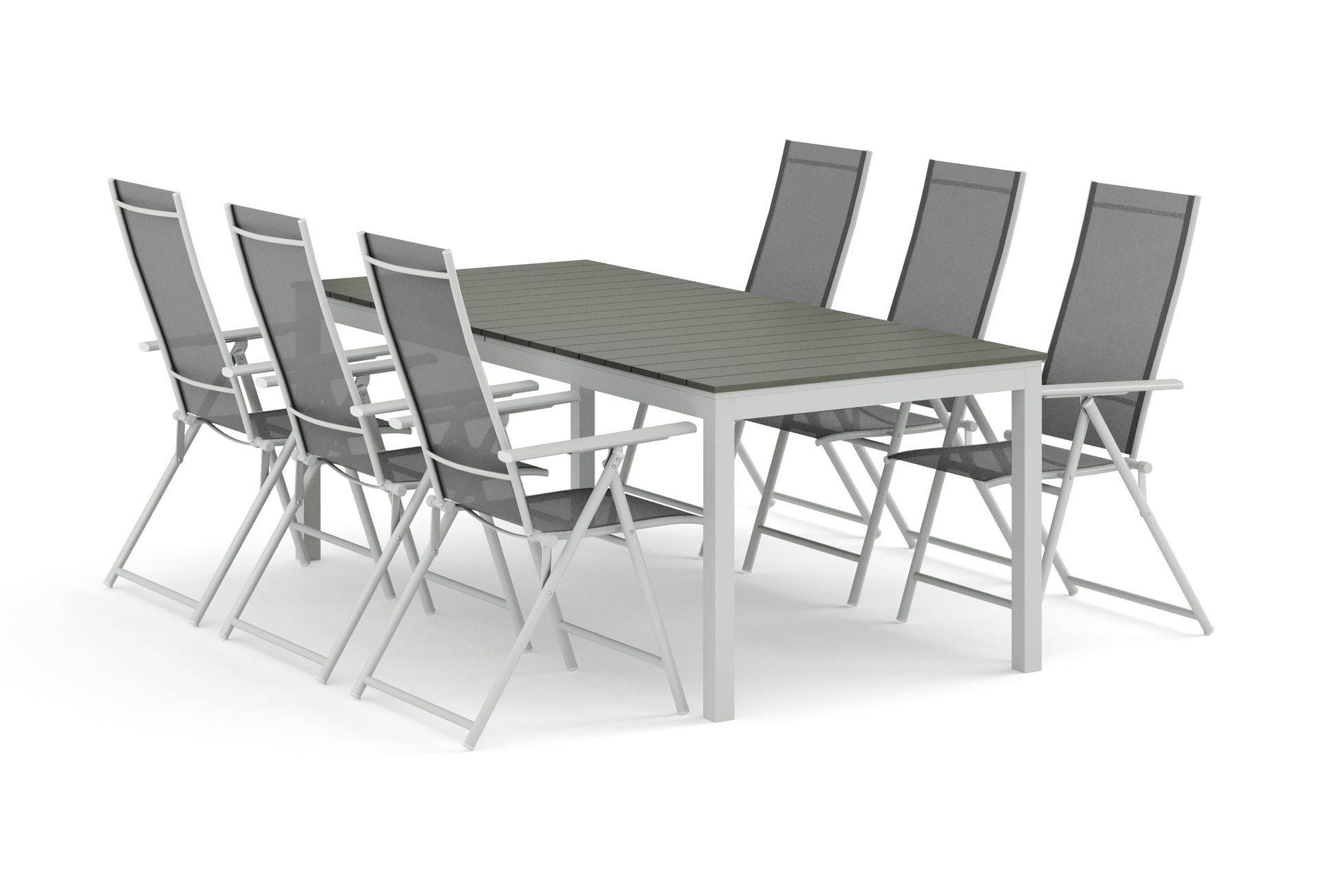 Tunis utomhus matgrupp förlängningsbart 205/305x90 cm med 6 Sanna positionsstolar - Vit/Grå Matgrupp Comfort Garden
