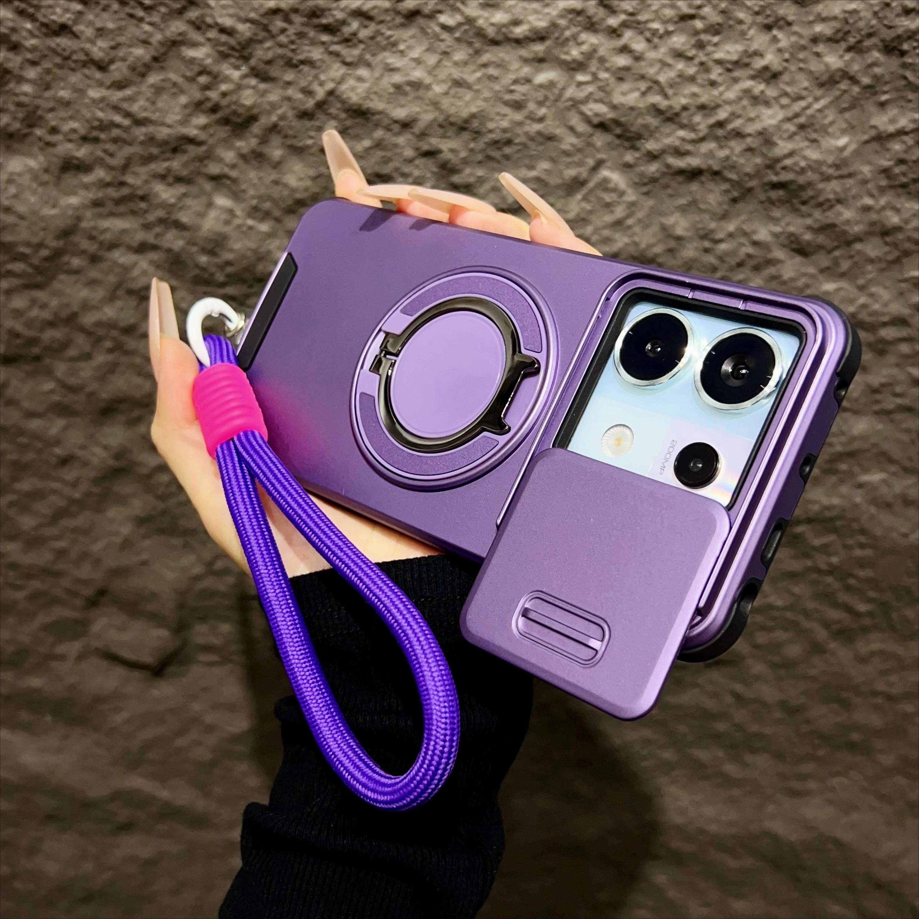 Armor Magnetiskt Skal för Redmi Note 14 13 Pro Plus 5G 4G Xiaomi 13 14T Pro Med Snodd Skjutbart Kameraskydd Stöttåligt Skydd