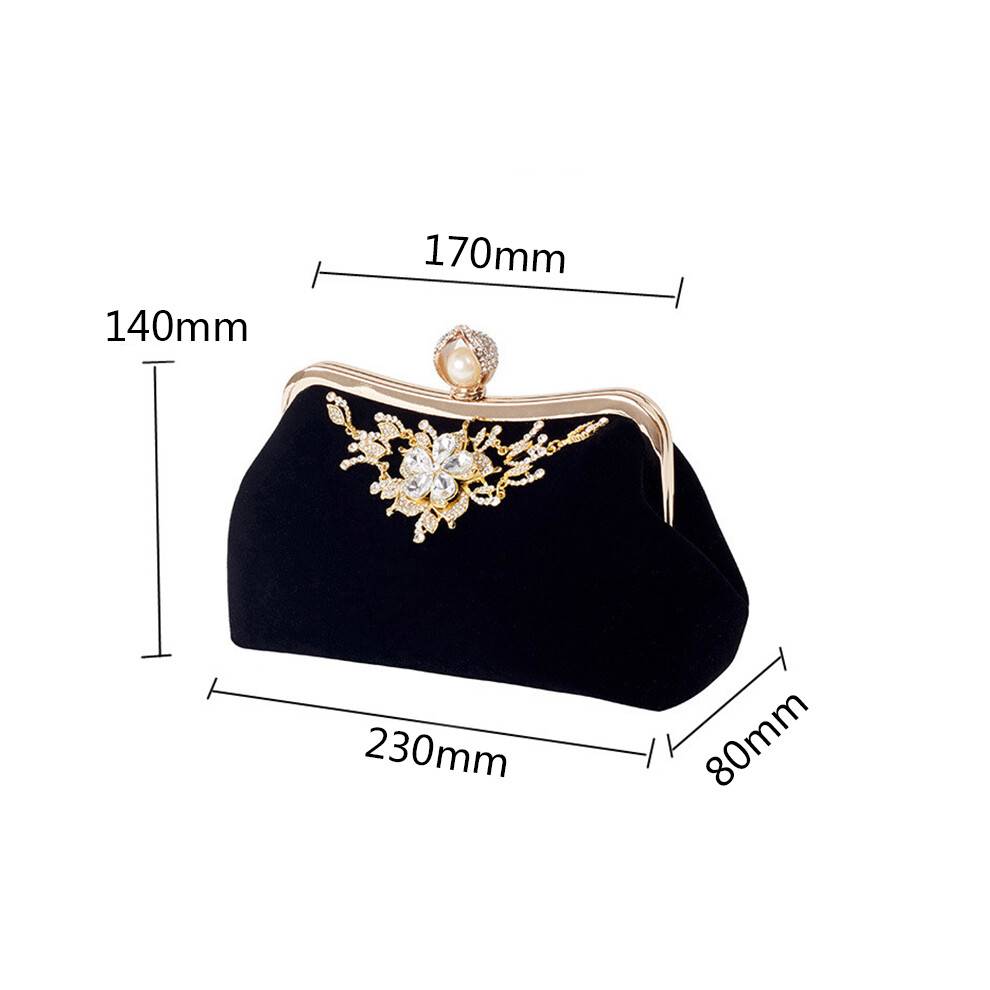 Female Diamond Pearl Handbag Vintage Crystal Flower Evening Bag Wedding Party Clutch Bag Purse（Black）
