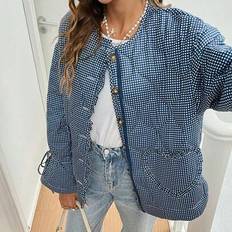 Women Quilted Ruffle Hem Tie Knot Plaid Padded Coat,Heated Jacket,Thermal,  Women Jacket,Quilted Jacket,With Bow,Women Costumes,Fall,Commute,Minimalis - Blue and White - L,M,S,XS