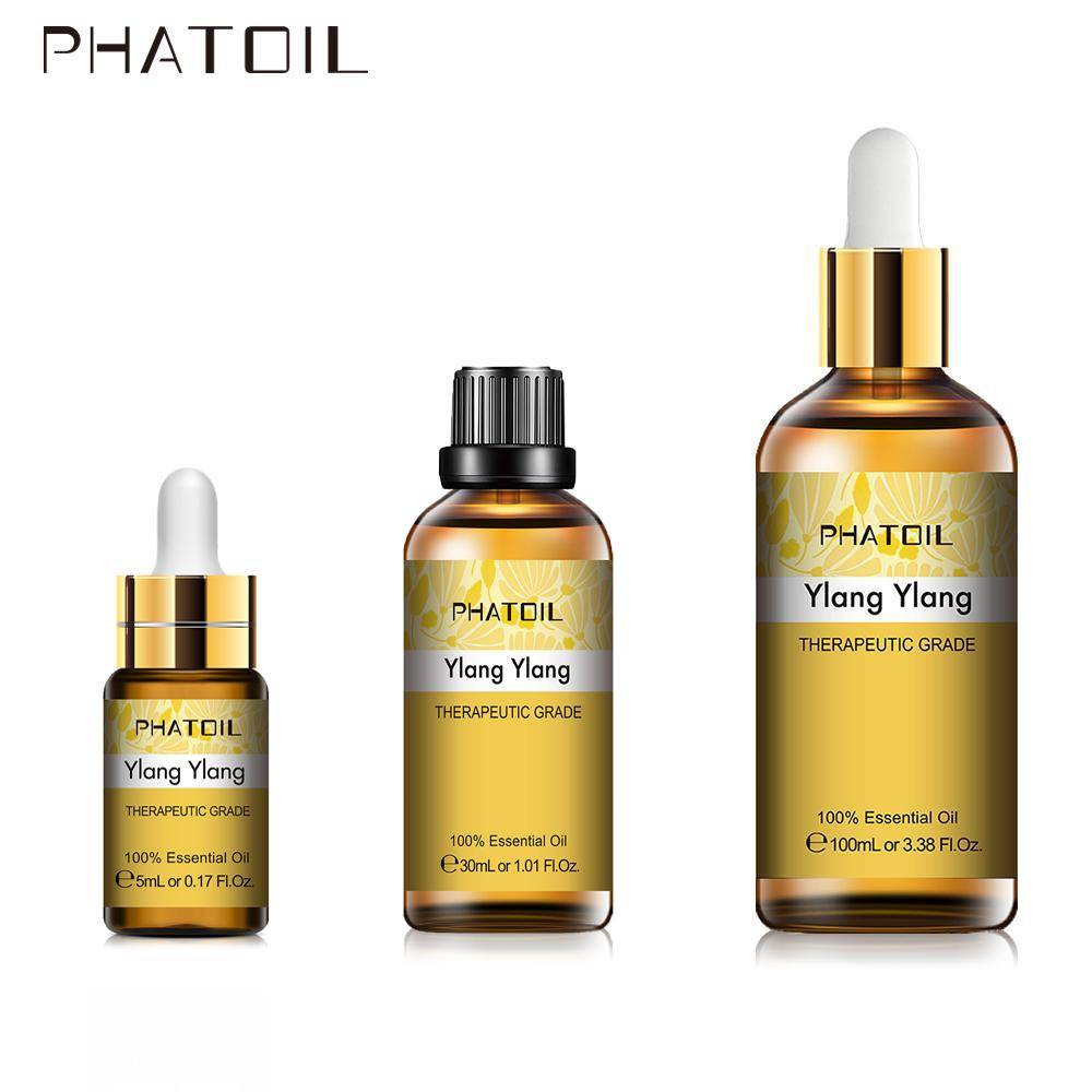 PHATOIL Ylang Ylang Plant eterisk olja med droppare för lägre blodtryck Hudvård SPA Kroppsmassage Naturlig doftolja 5ML/10ML/30ML/100ML beige