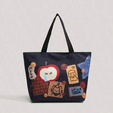 Navy Blue Denim Color Apple Cartoon Canvas Tote Bag, Large Capacity University/Work Commute Handbag, Suitable For College Students - Multicolor