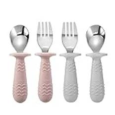 Panda Ear 4 set baby småbarn silikon rostfritt stål redskap bestick sked gaffel för baby småbarn BPA-fri med silikonhållning anti-kvävningsdesign -Pink