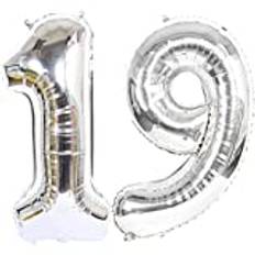 Helium Ballonger, 19 silver, födelsedagsdekoration 100 cm, festdekorationstillbehör, folieballong för flickor pojkar, 19-årsdag ballongdekoration (19 stycken)