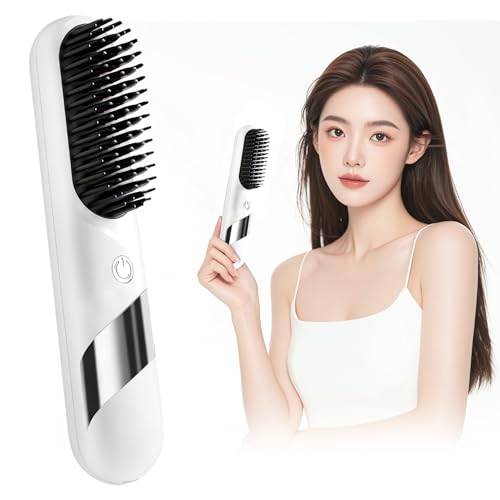 Hair Straightener with Heat Brush for Salon-Grade Shiny Hair, 4 Temperature Settings (140°C - 200°C), Negative Ion, Anti-Static, Cordless, Type-C Rech
