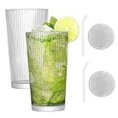Hintyne Ribbade glasglas koppar med lock och sugrör 2 st 375 ml ribbade vertikala randiga glas kaffemugg med sugrör och lock smoothie iskaffe mugg