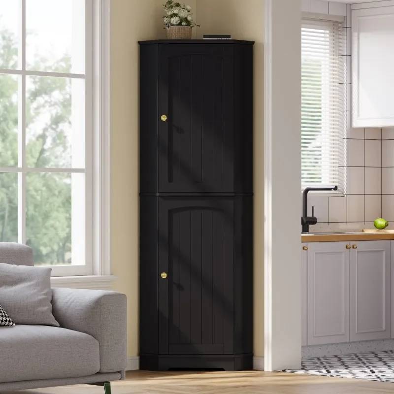 Corner Storage Cabinet with 2 Doors and Adjustable Shelves, Sideboard for Kitchen Dining Room Living Room, MDF Material