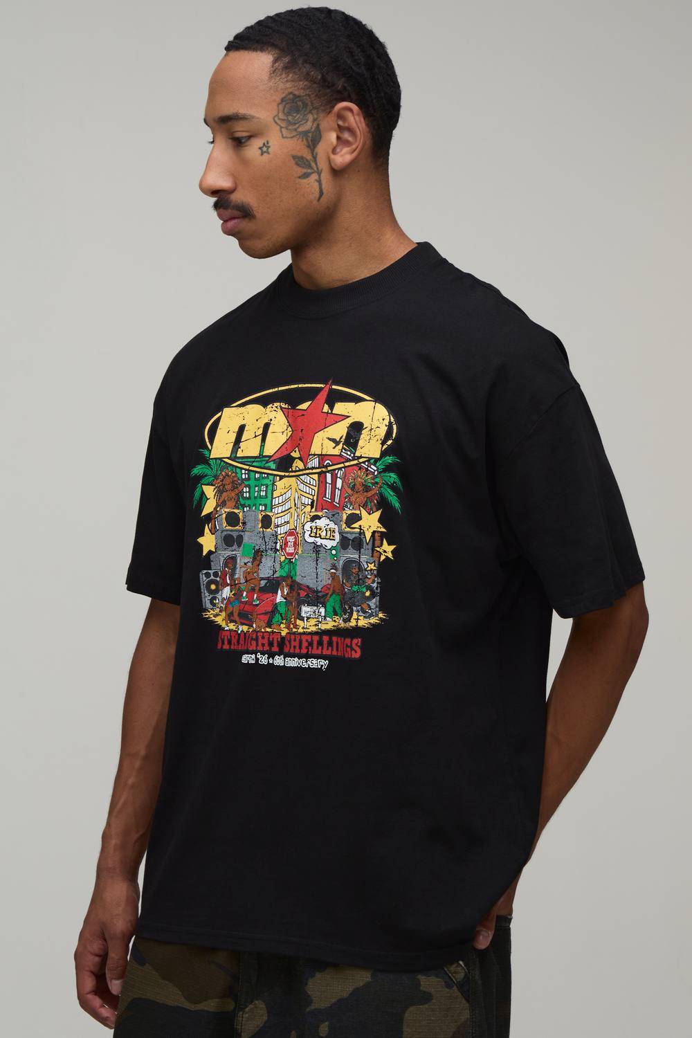 Black Oversized Cartoon Print T-Shirt | Size XS