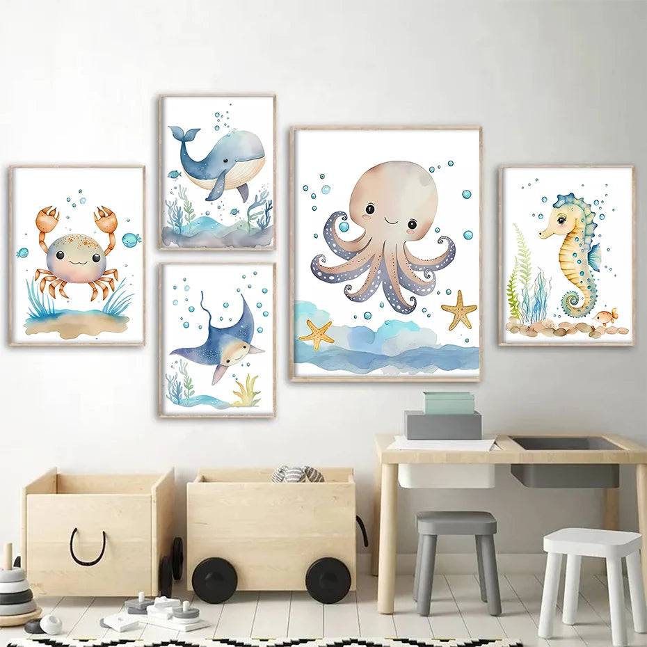 Poster med havsdjur i akvarellstil - Sköldpadda / 40x50cm