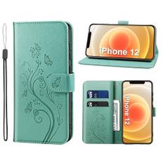 KRAFTCARE Mobiltelefonskal för iPhone 12 skal, för iPhone 12 Pro, fodral med kortfack pengar, plats stativ, magnetisk stängning, flip skal, läder skyddande fodral, mobilskal för iPhone 12/12Pro