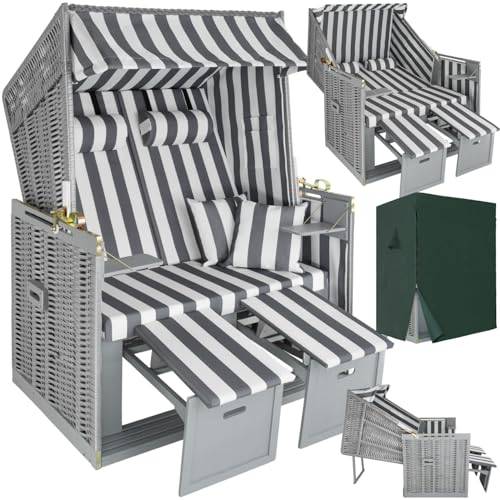 tectake® Strandkorb, Strandkorb Ostsee 2-Sitzer, verstellbare Rückenlehne, Volllieger mit Fußbänkchen und Seitentische, inkl. Schutzhülle & Kissen, Ideal für Balkon, Garten und Terrasse - grau/weiß