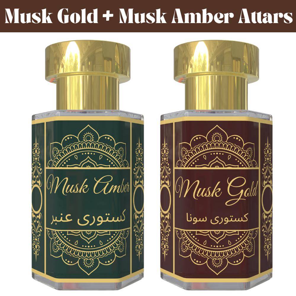 Musk Gold Attar och Musk Amber Attar Kombinationspaket – Varma Musky & Söta Bärnstensdoftande Oljor | Alkoholfritt Unisex Roll-On Parfymset | 2 × 6 ml