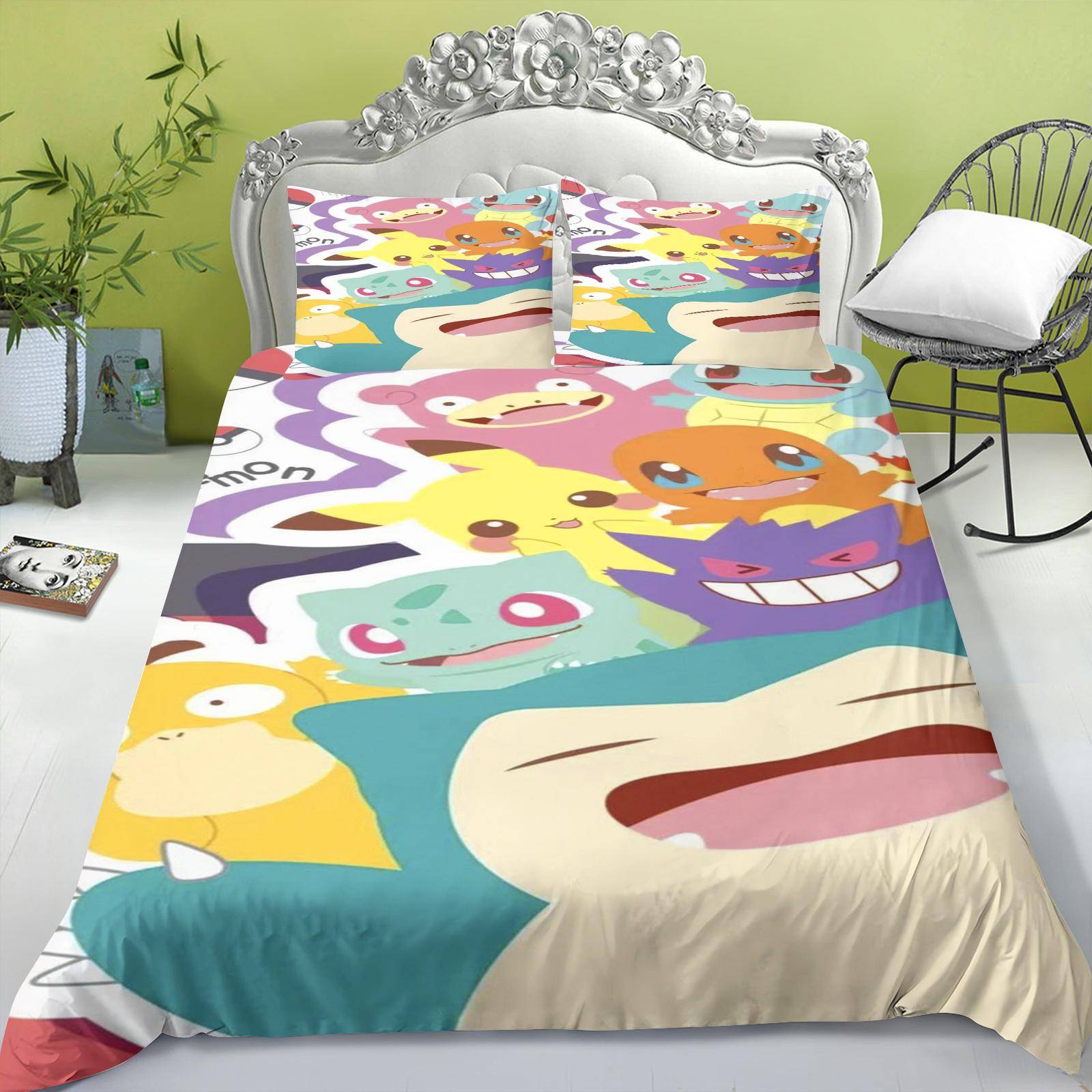 Tecknad påslakan set för barn, Pikachu Anime täcke, King Size täcke, Queen, Grad A, 3D sovrumslakan 180x210cm